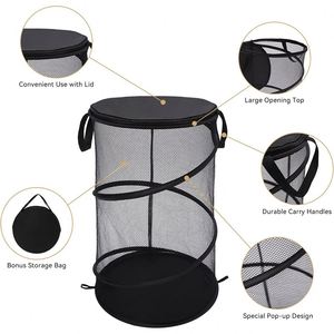 <b>Laundry</b> <b>Hamper</b> Wholesale Round <b>Laundry</b> Baskets Polyester Mesh Steel Storage Organizer <b>with</b> <b>Lid</b> - Product Image 4