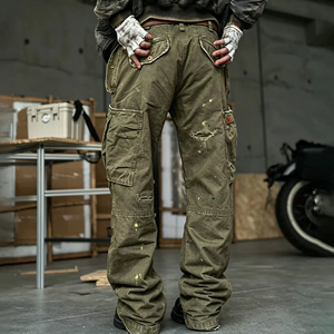 New Arrival Men Distressed Acid Washed Canvas Eco-Friendly Breathable Multi <b>Pocket</b> Olive Green Loose Wide Leg <b>Trousers</b> - Product Image 2