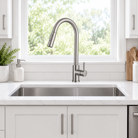 Robinet de cuisine moderne minimaliste en acier inoxydable 304 brossé avec bec col de cygne haute portée, double jet et levier rotatif