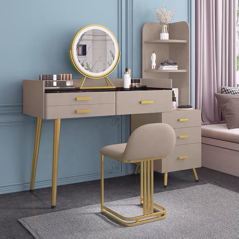 dresser table FUFU&GAGA White Wood 39.4 in. W Large Glass Top Table Dresser Dressing Desk  with LED Dimmable Mirror, 5-Drawers, Hidden shelves 210203-01-c