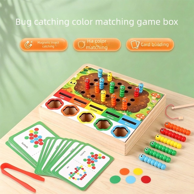 Wooden Magnetic Bug Catching Game Color Matching Sorting Toy Montessori Fine Motor Skill Educational Toy for Toddlers 1-3 Years