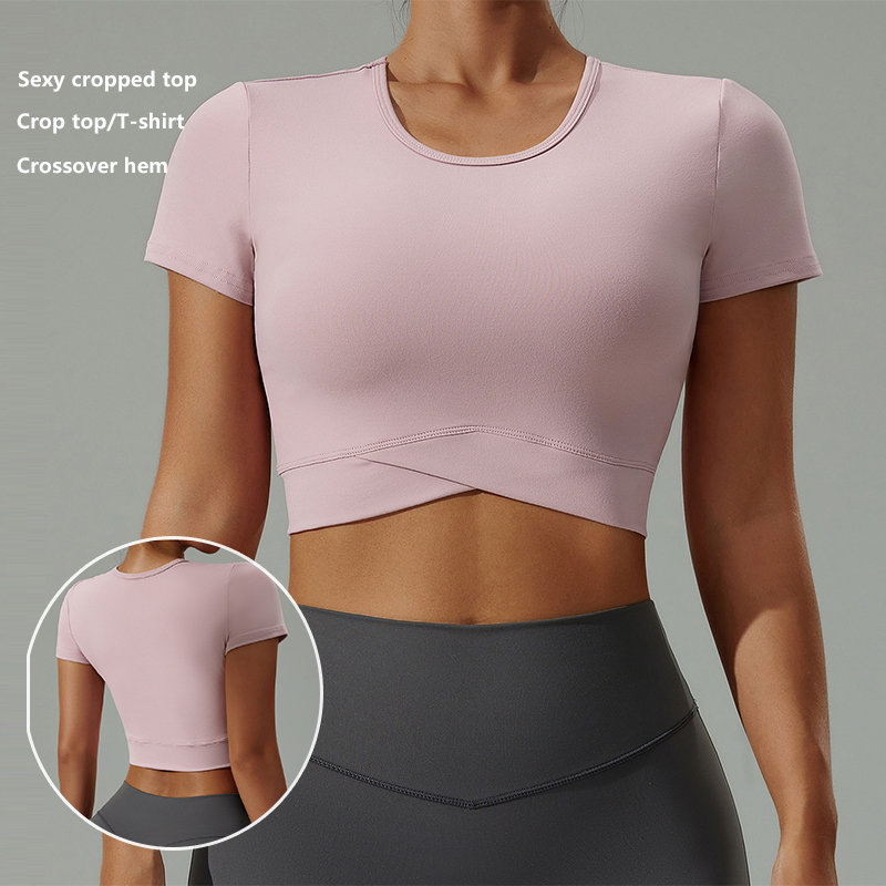 Women Summer Yoga T Shirt Round Neck Cropped Top High Elastic Breathable Slim Fit Sexy Quick Dry Sports Fitness Short Sleeve