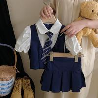 Ensemble Preppy d'Été Style Coréen pour Enfants : Chemise et Jupe Plissée 2 Pièces Tendance pour Filles