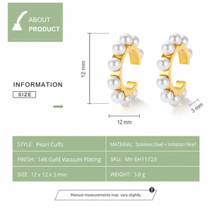 Imitation Pearl Ear Cuffs Stainless Steel 14K Gold Vacuum Plated Small Open <b>C</b> Shape Jewelry with White Pearl Accents - Product Image 4