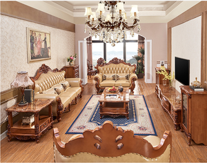 أثاث غرفة المعيشة المنزلية، طقم أرائك فاخر بأسلوب أوروبي، أريكة خشبية فاخرة من الجلد، طقم واحد بتصميم عتيق - Product Image 2