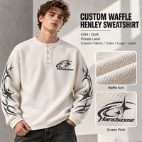 Nouvelle Arrivée Sweat-shirt Homme en Maille Gaufrée à Col Boutonné Manches Longues Imprimé Sérigraphié Épaules Tombantes Style Décontracté Streetwear