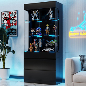 Display Cabinet with Glass Doors, 3-Tier Case 2 <b>Drawers</b>, Curio 7 Color Led Lights for Collectibles, - Product Image 1