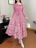 Nouvelle Robe Longue Plissée Miyake pour Femme, en Dentelle Tissée avec Perles et Volants, Manches Longues, Coupe Trapèze, Col en V, Formelle et Lavable