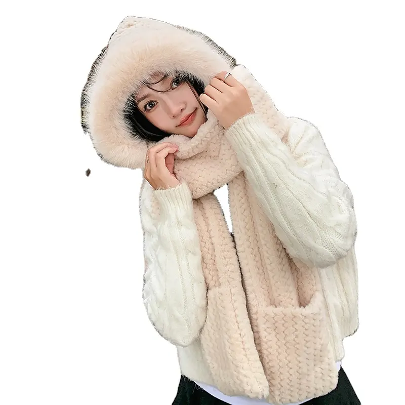 Mùa thu mùa đông Windproof rắn màu sang trọng dệt kim mùa đông hoodie hat khăn găng tay Một mảnh thiết lập