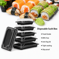 Wegwerp zwarte plastic sushi schaaltjes met transparante deksels, food grade, anti-condens, stapelbaar, bento box, groothandel