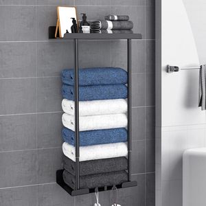 Adjustable Wall Mounted Towel Rack Retractable Bathroom Towel Holder Multi Layer Black Metal <b>Bath</b> Towel Storage <b>Shelf</b> with Hook - Product Image 1