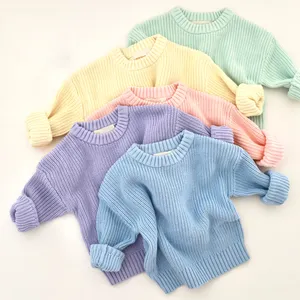 2024 Spring New Children's Knitted Custom LOGO Round Neck Solid Color Baby Girl Long Sleeve Pure Cotton Baby Sweaters