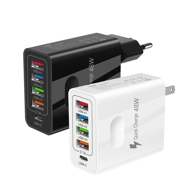 48W PD Fast Charger EU US 1 Type c 4 USB Port Multiple Adapter Mobile Phone Travel Fast Wall Charger