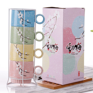Ensemble de tasses empilables en céramique de style japonais avec motifs de flocons de neige, tasses à café de bureau avec poignée, peintes à la main, mignonnes, pour filles et enfants, compatibles lave-vaisselle - Product Image 6