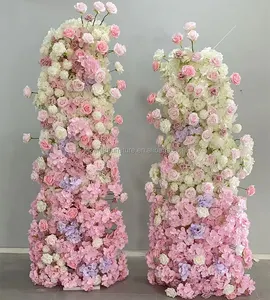 Free Standing Floral Row Artificial Flower Hydrangea Rose Runner Light Pink Flower Decoration for Wedding Backdrop
