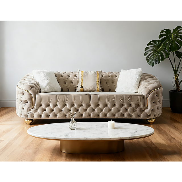 PZCN HOME Round Upholstered Tufted Back Living Room Furniture Sofa Bed with Gold Legs Eco-friendly Durable Stable
