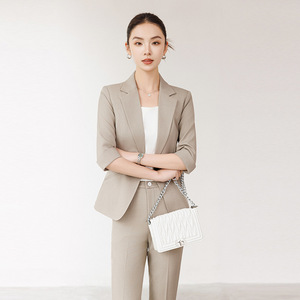 Women's Navy Blue Suit Set Three Quarter Sleeve Anti-Wrinkle Office Lady Formal Business Wear Autumn Season - Product Image 2