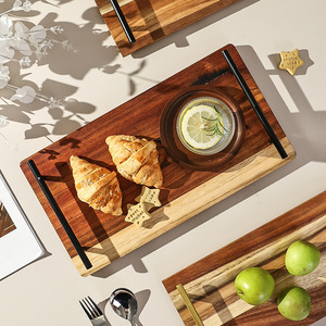 Acacia wood rectangular wooden <b>tray</b> with metal handle, practical household breakfast plate, fruit plate, <b>tea</b> plate, - Product Image 4