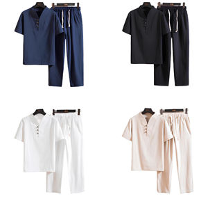 Camicia <span class=keywords><strong>e</strong></span> <span class=keywords><strong>pantaloni</strong></span> Casual da <span class=keywords><strong>uomo</strong></span> estivi taglie forti Set <span class=keywords><strong>di</strong></span> due pezzi traspiranti stile retrò da vacanza con vestibilità ampia - Product Image 3