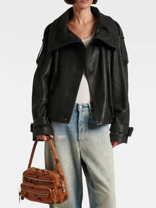 Giacca Corta da Motociclista da <span class=keywords><strong>Donna</strong></span> in <span class=keywords><strong>Vera</strong></span> <span class=keywords><strong>Pelle</strong></span> di Pecora Tinta Unita Autunnale con Collo alla Coreana Antivento Vestibilità Comoda Casual e alla Moda - Product Image 5