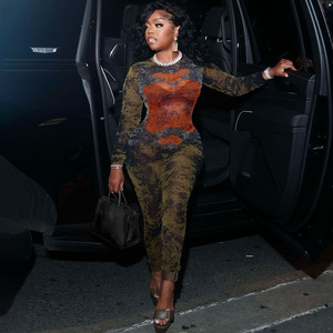 Blue Printed Sheer <strong>Mesh</strong> Long Sleeve Jumpsuit for Women, Sexy High Waist Bodycon <strong>Catsuit</strong> with Zipper, 2026 Summer Clubwear Outfit - Product Image 3