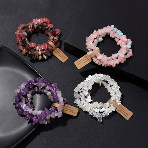 Pulsera de piedra natural, amatista de cuarzo rosa, 3 unidades/juego, joyería elástica, piedras preciosas bohemias, cuentas irregulares de ágata, conjunto de pulsera - Product Image 3