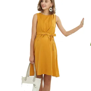 High quality Belt Yellow Women Loose Clothes Casual Elegant Pregnant Maternity dress