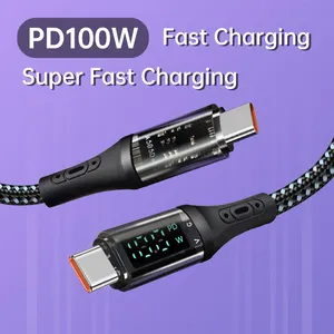 IPhone 15 노트북 컴퓨터용 PD100W 듀얼 Type-C USB C 케이블 투명 실시간 디지털 디스플레이 나일론 다기능 케이블