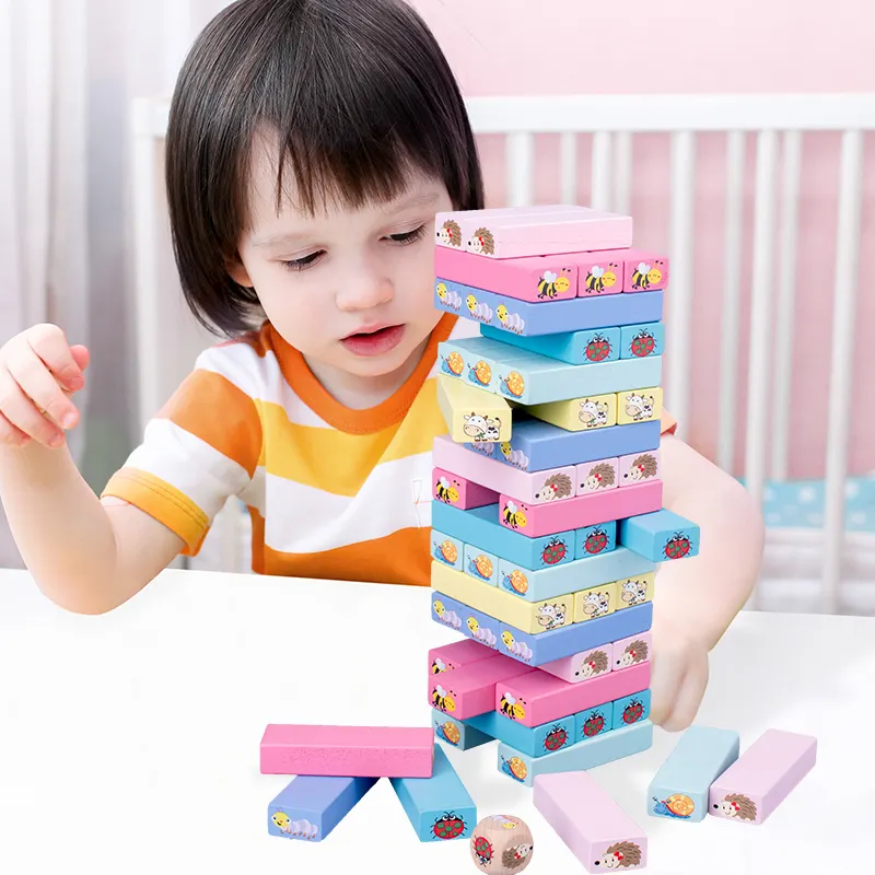 Classic Wooden Blocks Colorful Wooden Toys Tumbling Tower Animal Board Game Stacking Numbers education Blocks for Kids