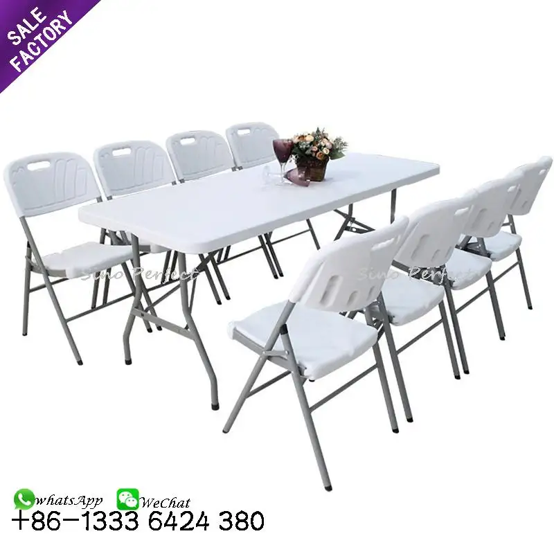 Коммерческий прокат Обеденная Мебель Высокое качество 8 мест Кемпинг белый пластиковый складной прямоугольный стол для пикника и стулья набор