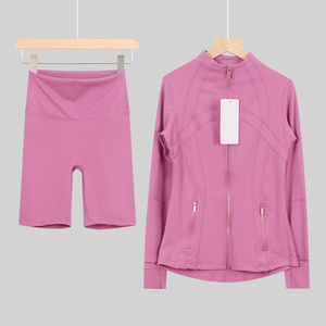 Ensemble <span class=keywords><strong>de</strong></span> yoga pour femmes, respirant, écologique, taille haute, élastique, en spandex/nylon, sans couture, haut à manches longues et short - Product Image 5