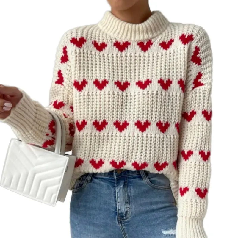 Blusa casual de tricô para mulheres, pulôver jacquard solto de coração para primavera e outono, serviço OEM para o inverno