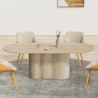 Table à manger ovale en marbre beige travertin, design unique, base ondulée personnalisée, pierre naturelle moderne, polie, pour la maison et l'hôtel