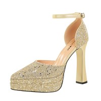 6865 Chaussures de soirée pour femmes à talons ultra-hauts de style européen et américain, plateforme double couche, rehaussantes, à bride cheville et à paillettes