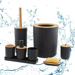 The Latest Eco-friendly Wave Texture Bamboo Black Bathroom Accessories Set 8 piece Plastic Bathroom Set