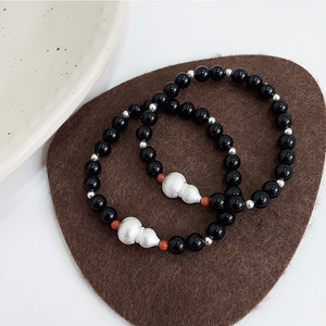 S925 Sterling <b>Silver</b> Black Agate <b>Beaded</b> Bracelet With Gourd Charm For Women Everyday Wear Simple Round Design Trendy Jewelry - Product Image 4