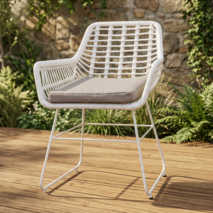Chaise de salle à manger minimaliste de haute qualité, assise en corde blanche tressée, structure en plastique durable, coussin moelleux, résistante aux intempéries, pour villa, patio, jardin - Product Image 3
