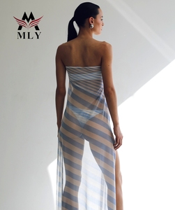 Lightweight Blue <strong>White</strong> Stripe 3 Piece Swimsuit Strapless <strong>Bikini</strong> <strong>Top</strong> With Side Slit High Waist Skirt Fashion Swimwear - Product Image 3