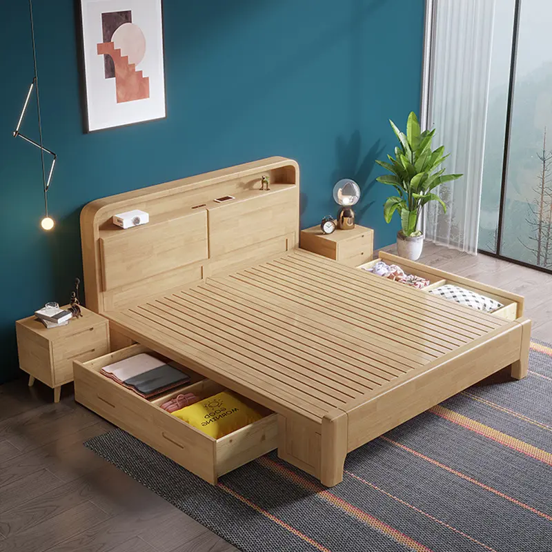 Quarto master moderno minimalista, 1.8m, estilo nórdico, quarto master, adulto, caixa de armazenamento, cama de madeira sólida 1.5m