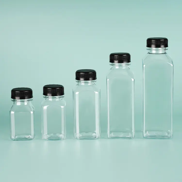 Botellas cuadradas de plástico vacías para zumo de Mascota, con tapas, para zumos, batidos y bebidas, 12oz