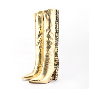 Big Size 47 Women Knee High <b>Boots</b> Gold Stone Print Patchwork Chunky Heel Shoes on Mixed Color Long Booties - Product Image 5