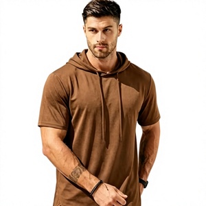 T-shirt à manches courtes à capuche pour homme, imprimé sur mesure, couleur unie, tissu tricoté en polyester/coton, respirant, séchage rapide, écologique - Product Image 1