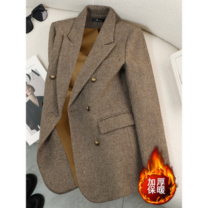 Women's Herringbone Wool Blazer Double Breasted Thick Warm Autumn Winter Coat With Pocket Elegant Style - Product Image 2