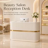 Comptoir de réception de salon de beauté de luxe, comptoir de réception de salon de manucure, comptoir de réception de SPA, comptoir incurvé avec bordure dorée cannelée, mobilier commercial