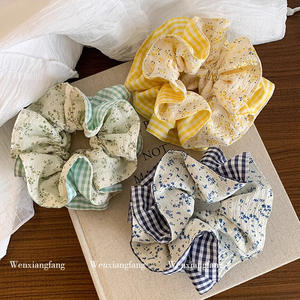 Chouchou floral à carreaux de style forêt pour femmes haut de gamme élégant <span class=keywords><strong>chignon</strong></span> corde à cheveux Style campagnard français tissu cravate à cheveux - Product Image 3