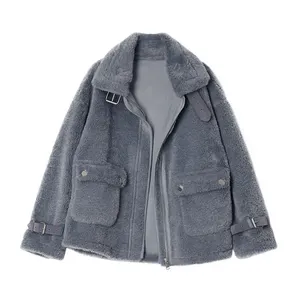 Winter Long Sleeve Lapel Zipper Oversized Coat Jacket With Pockets Fur One Short Fur Grain Cashmere Lamb Jacket Coat Women