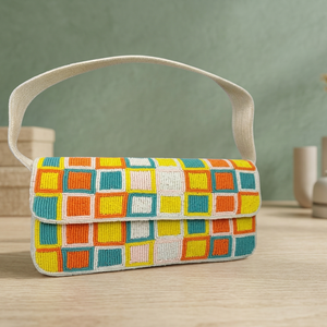 Beaded Flap <b>Handbag</b> With Embroidered Beach Square Pattern Casual Shoulder Bag Handmade Daily And Party Use - Product Image 3