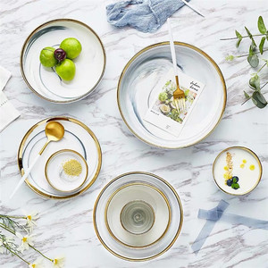 redondo logotipo casa decoración <span class=keywords><strong>juego</strong></span> de cena de borde de oro de mármol blanco de porcelana <span class=keywords><strong>platos</strong></span> de boda para restaurante - Product Image 3