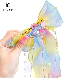 Presilha de Cabelo IFOND em Estoque com Laço de Pérolas Gradientes e Borla, Fita de Cabelo Longa de Organza com Borboleta para Meninas e Crianças em Festas de Aniversário - Product Image 3