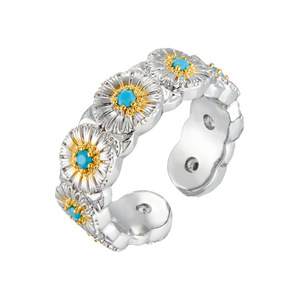 Two Tone Gold Daisy Blue Turquoise Open Ring Adjustable Women's Index Finger Ring Retro Style Exquisite Jewelry - Product Image 4